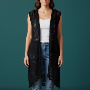 Vtg SJS Black Sleeveless Hooded Open Crochet Mesh Swim Cover-up Kimono